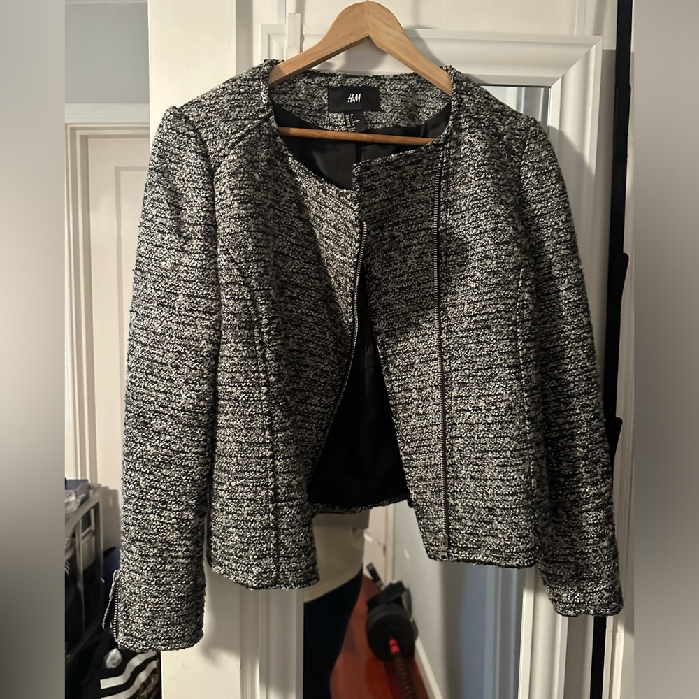 H&M Grey & Black Tweed Zip-up Cropped Moto Motorcycle Jacket Women’s Sz 8 M New